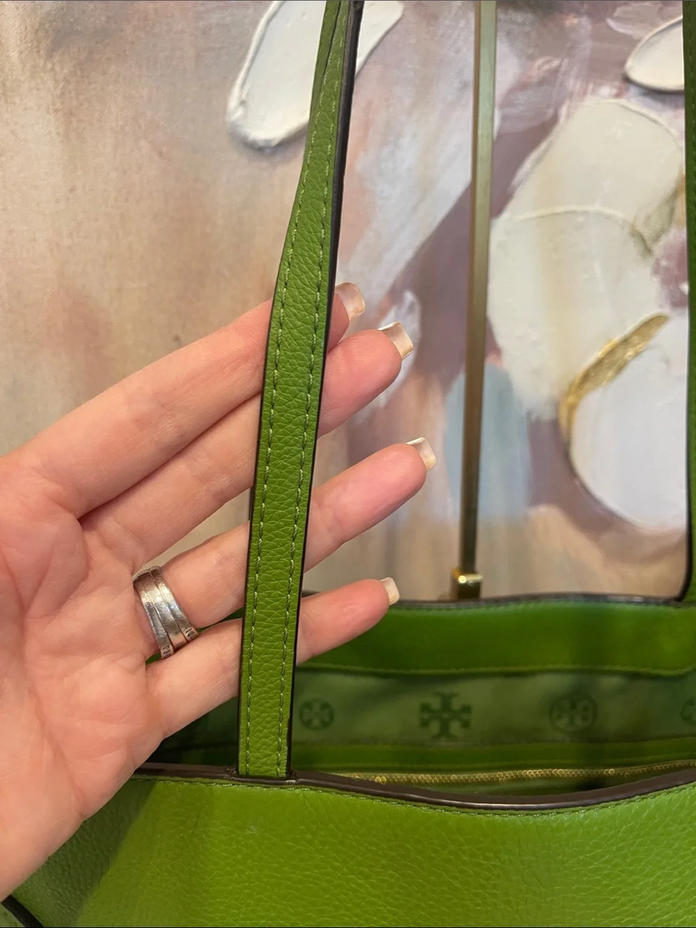 Tory Burch Green Leather Tote with Logo Accent